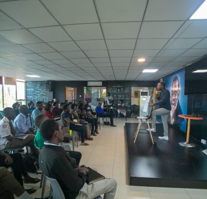 James interacting with the crowd at Founders Lab in January 2020 scaled 1
