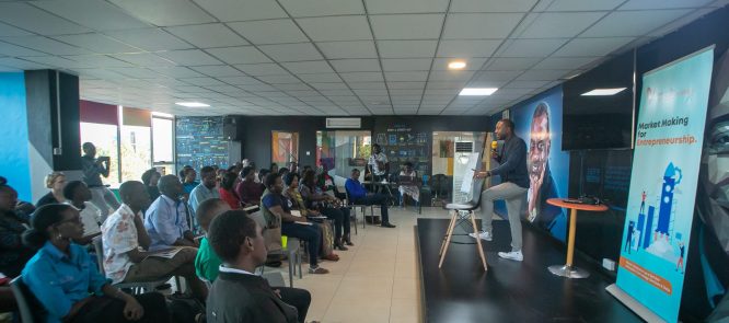 James interacting with the crowd at Founders Lab in January 2020 scaled 1