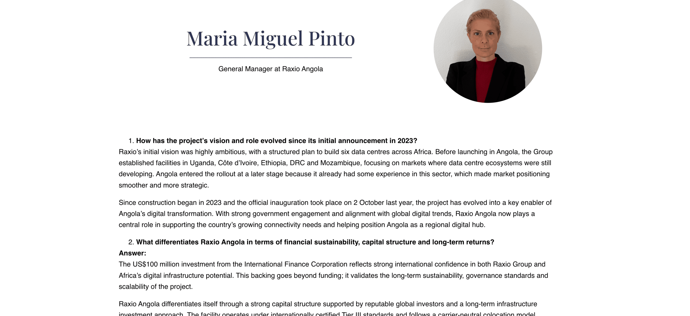 Interview with Maria Miguel Pinto, General Manager at Raxio Angola by One World Media